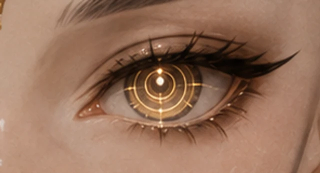 Close detail of AIONA's iris: concentric golden rings around a point of light
